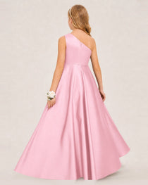 Pink Junior Bridesmaid Dress One-Shoulder Embellished Satin Asymmetrical Gown Back View