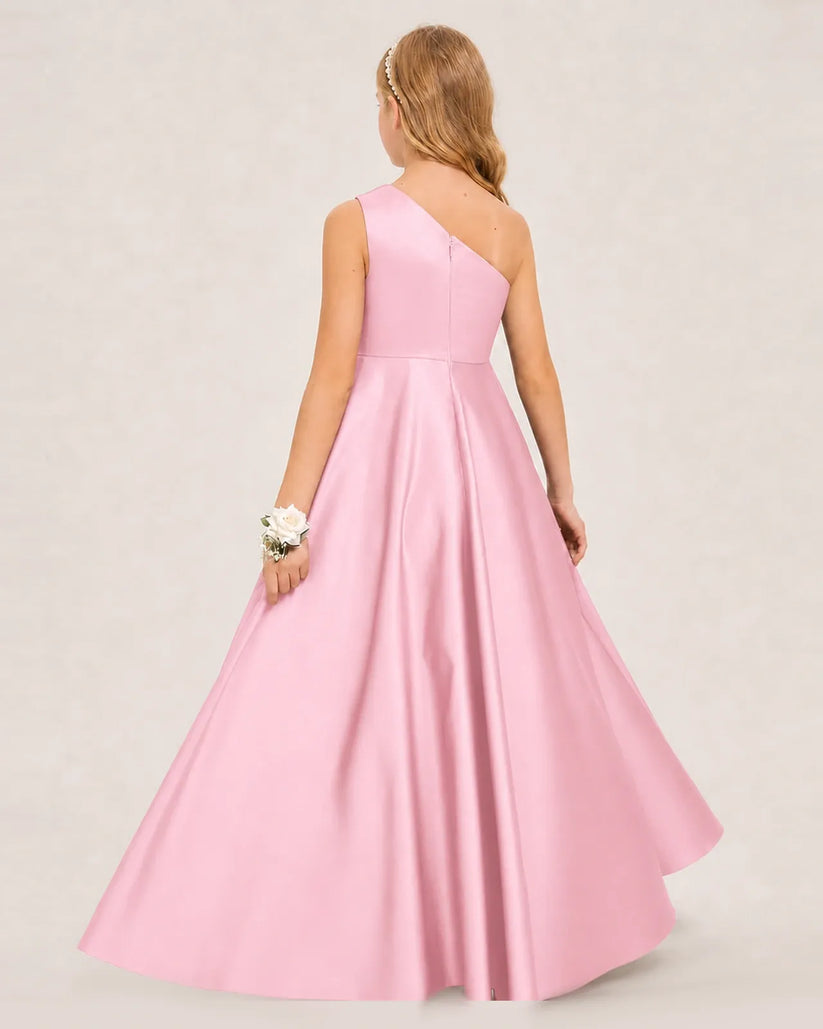 Pink Satin A-line Junior Bridesmaid Dress Back View