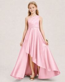 Pink Junior Bridesmaid Dress One-Shoulder Embellished Satin Asymmetrical Gown Front View