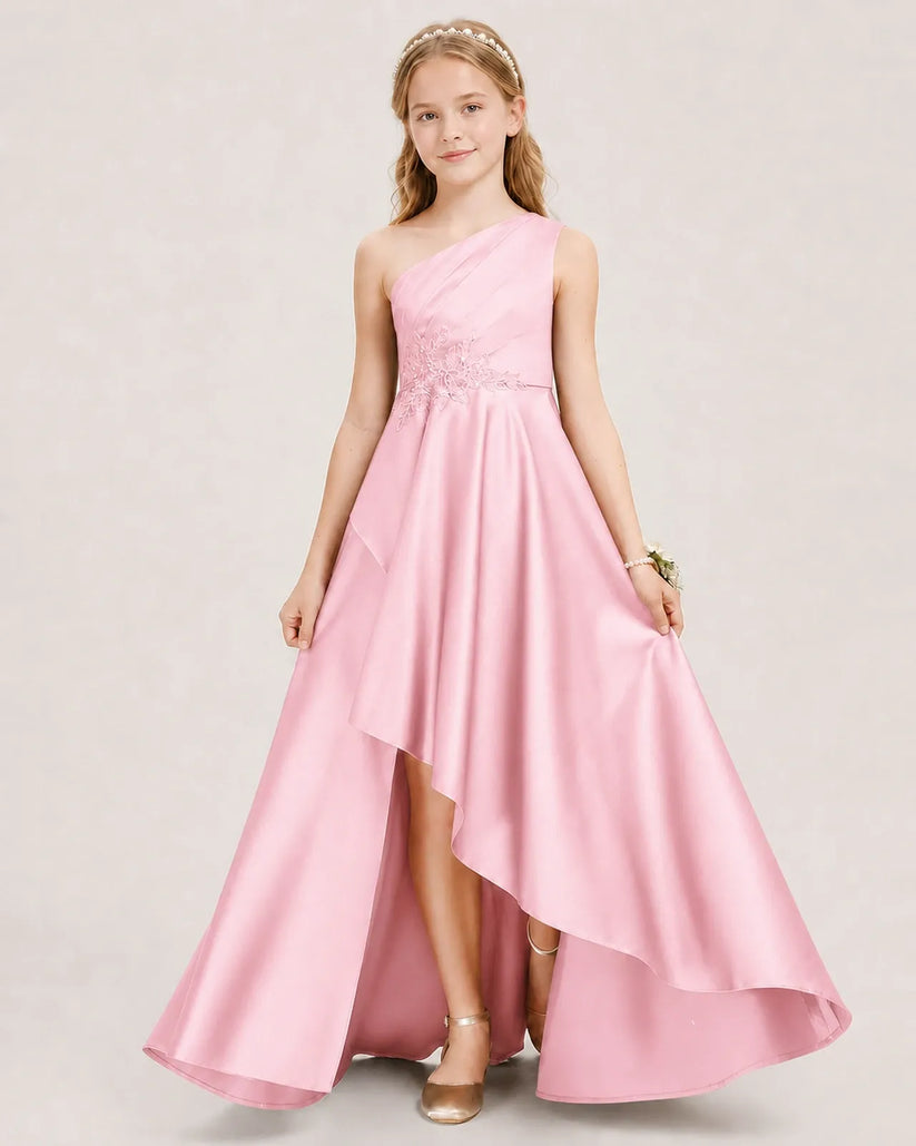 Pink Satin A-line Junior Bridesmaid Dress Front View