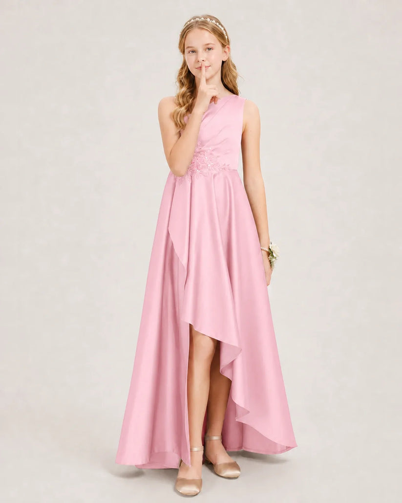 Pink Satin A-line Junior Bridesmaid Dress Front View