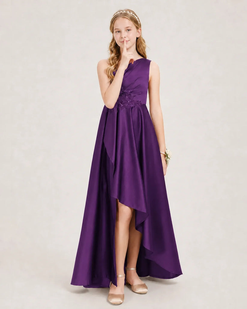 Purple Satin A-line Junior Bridesmaid Dress Front View