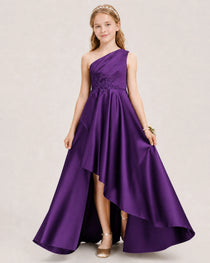 Purple Junior Bridesmaid Dress One-Shoulder Embellished Satin Asymmetrical Gown Front View