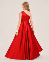 Red Satin A-line Junior Bridesmaid Dress Back View