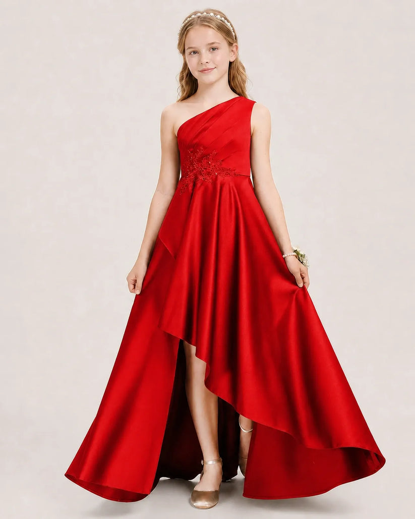 Red Satin A-line Junior Bridesmaid Dress Front View