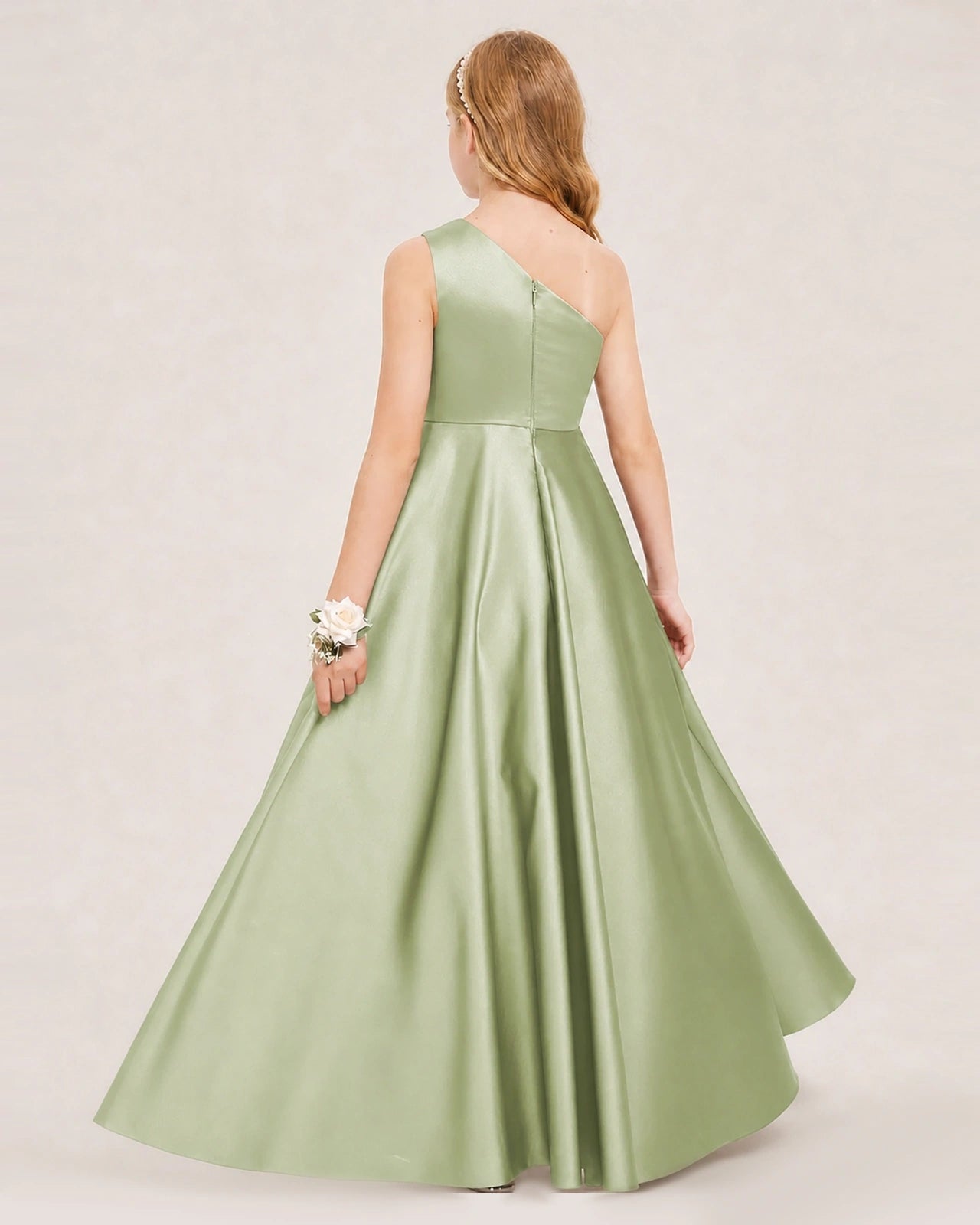 Sage Green Junior Bridesmaid Dress One-Shoulder Embellished Satin Asymmetrical Gown Back View