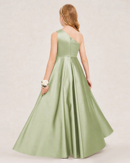 Sage Green Junior Bridesmaid Dress One-Shoulder Embellished Satin Asymmetrical Gown Back View