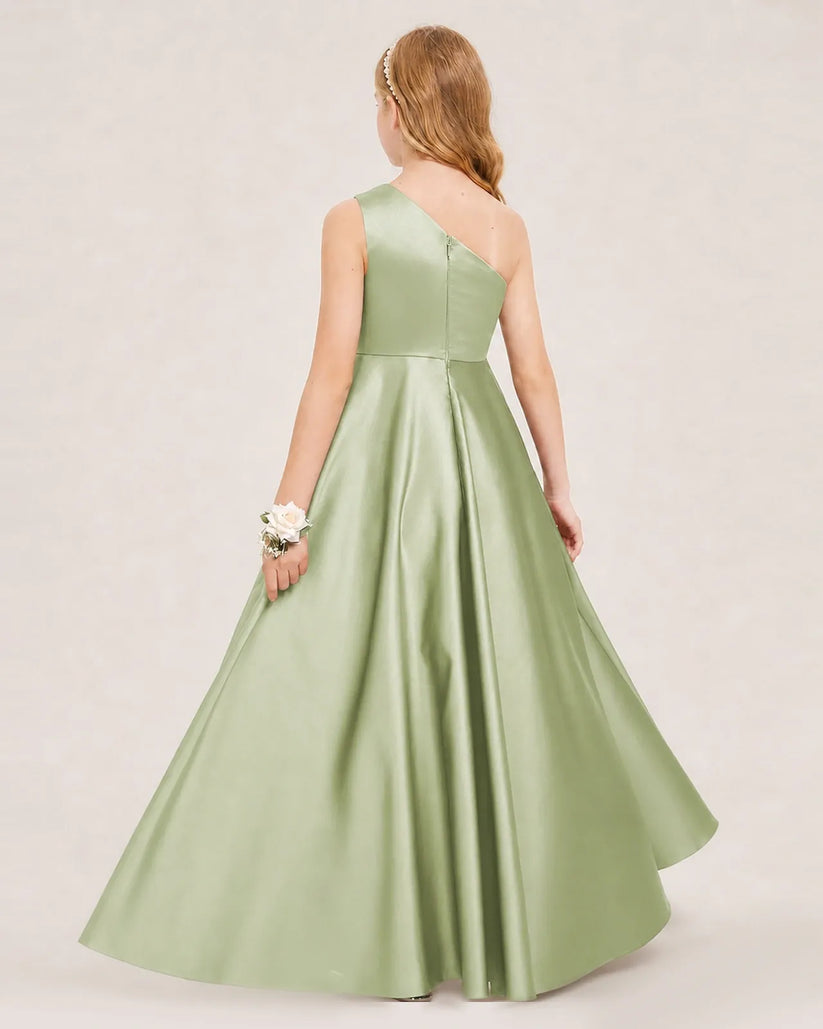 Sage Green Satin A-line Junior Bridesmaid Dress Back View
