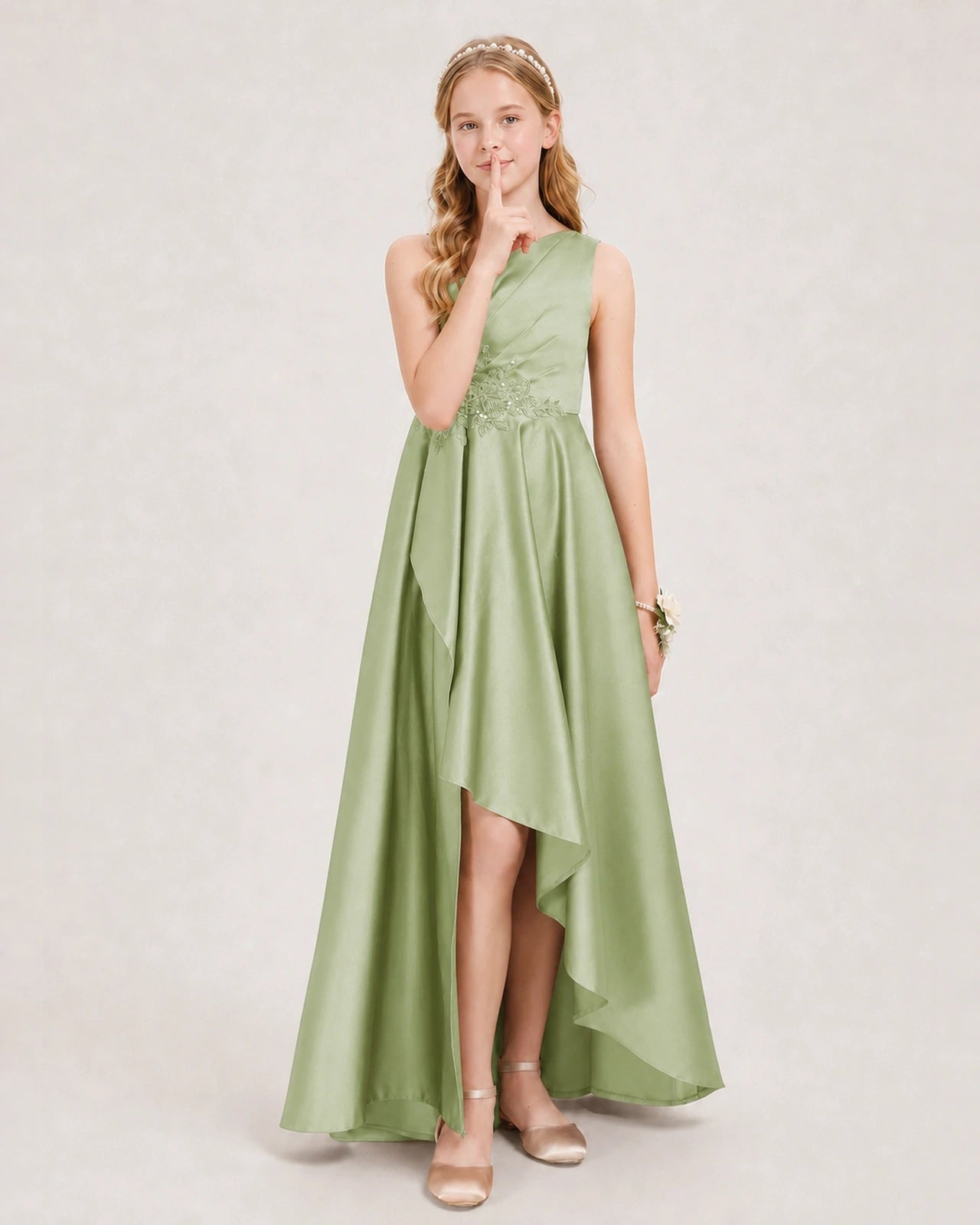 Sage Green Junior Bridesmaid Dress One-Shoulder Embellished Satin Asymmetrical Gown Front View