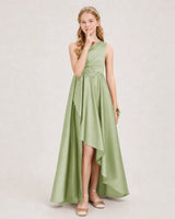 Sage Green Satin A-line Junior Bridesmaid Dress Front View