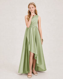 Sage Green Junior Bridesmaid Dress One-Shoulder Embellished Satin Asymmetrical Gown Front View