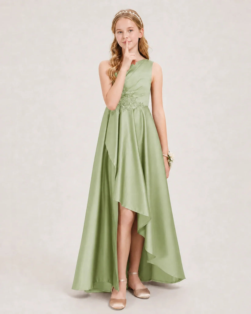 Sage Green Satin A-line Junior Bridesmaid Dress Front View