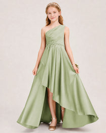Sage Green Junior Bridesmaid Dress One-Shoulder Embellished Satin Asymmetrical Gown Front View