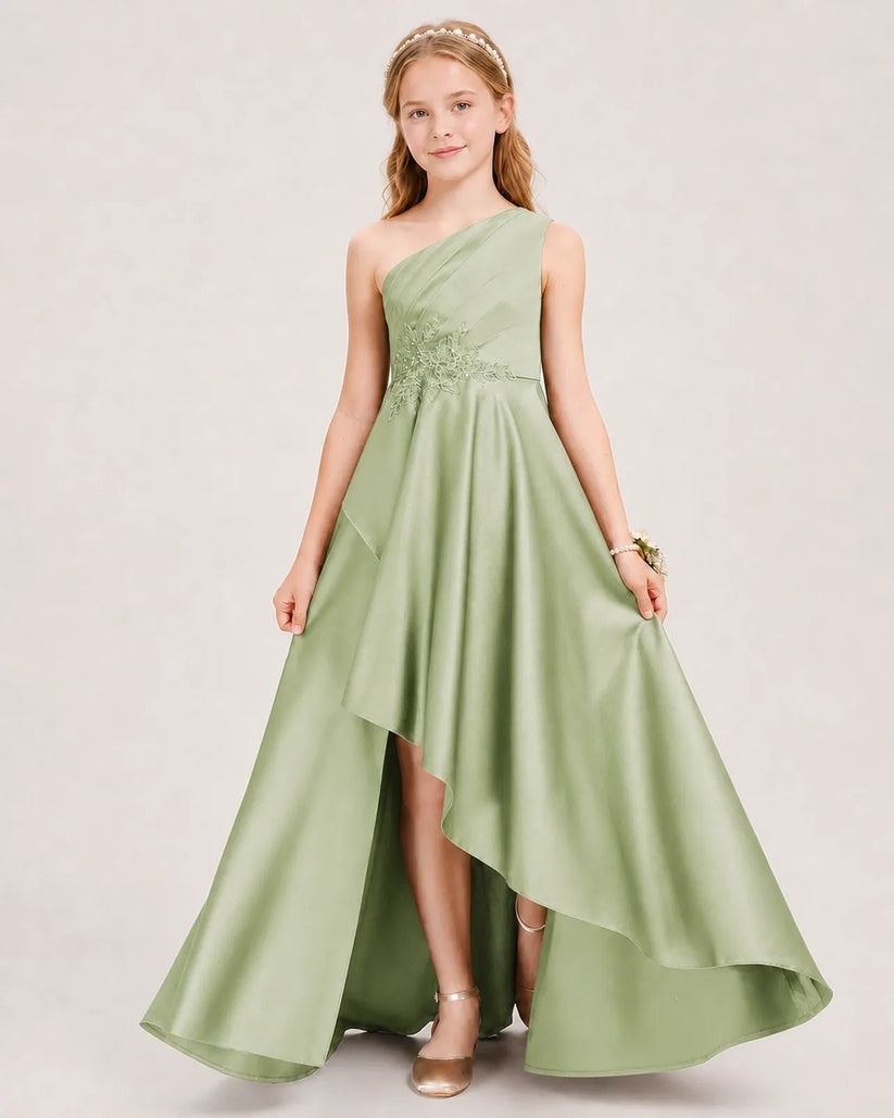 Sage Green Satin A-line Junior Bridesmaid Dress Front View