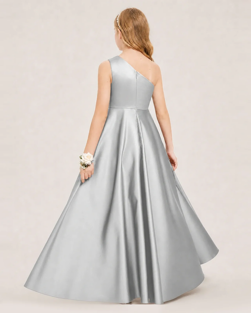 Silver Satin A-line Junior Bridesmaid Dress Back View