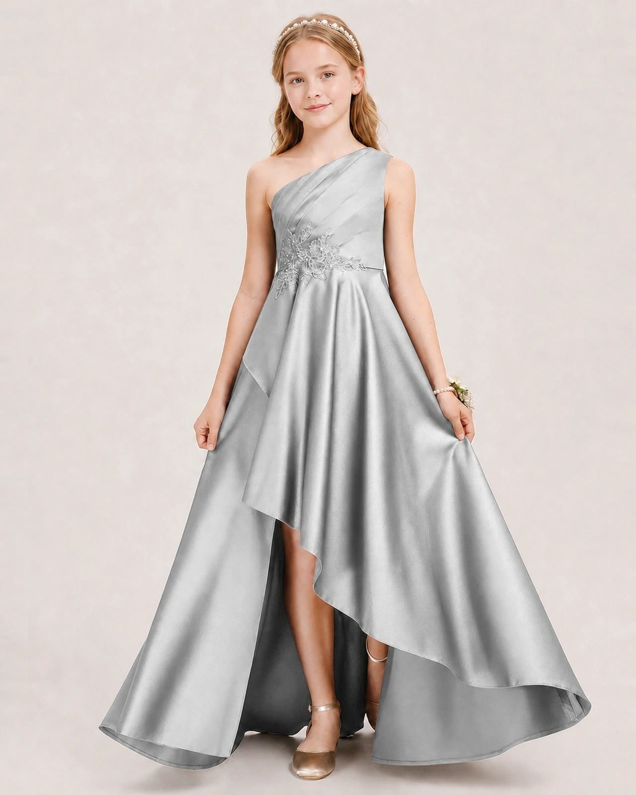 Silver Junior Bridesmaid Dress One-Shoulder Embellished Satin Asymmetrical Gown Front View