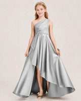 Silver Satin A-line Junior Bridesmaid Dress Front View