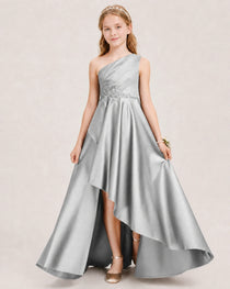 Silver Junior Bridesmaid Dress One-Shoulder Embellished Satin Asymmetrical Gown Front View