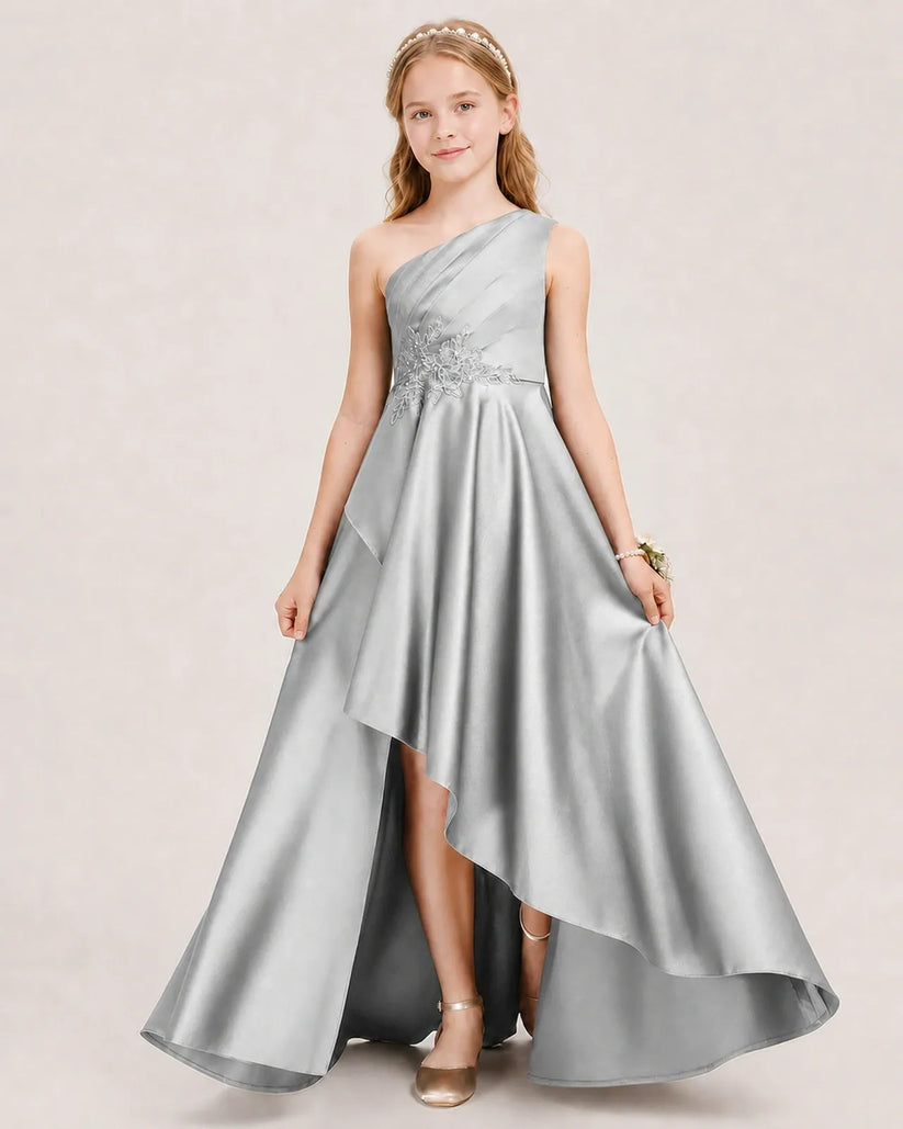 Silver Satin A-line Junior Bridesmaid Dress Front View