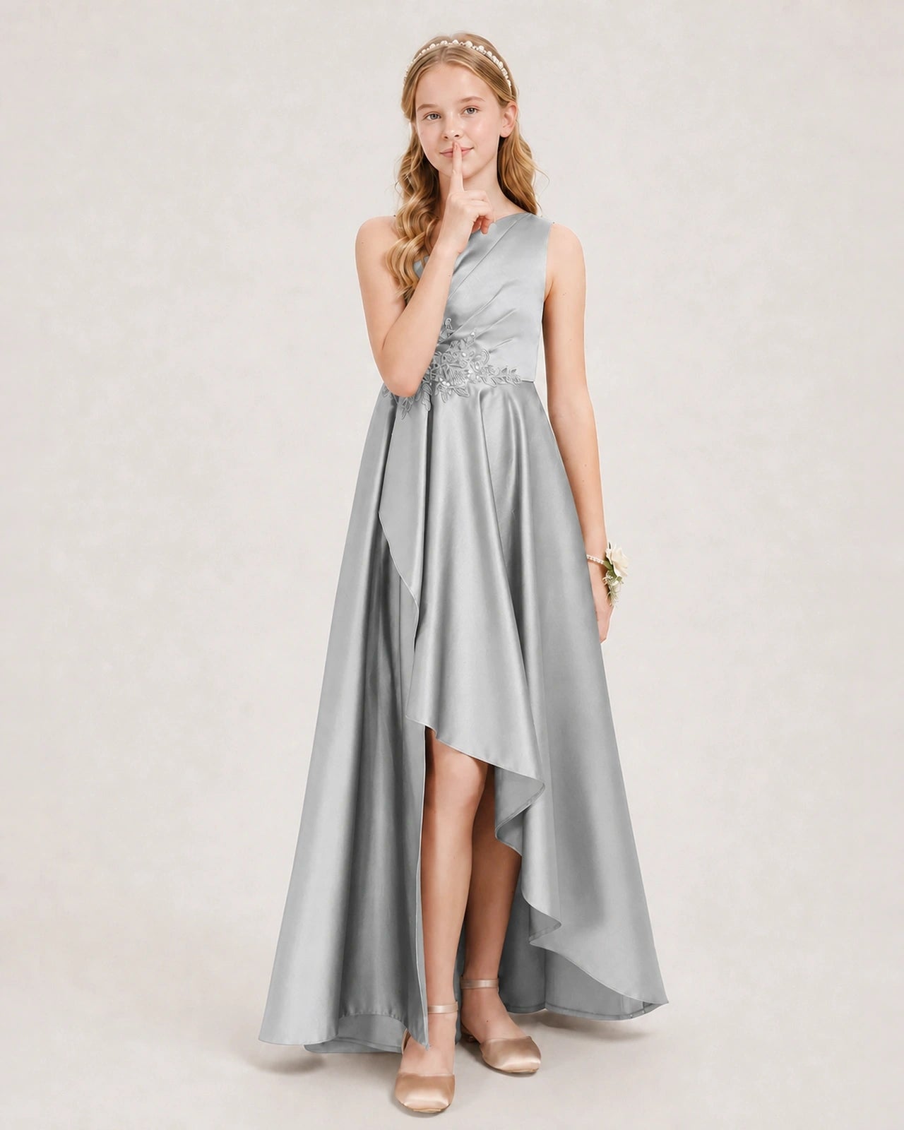 Silver Junior Bridesmaid Dress One-Shoulder Embellished Satin Asymmetrical Gown Front View