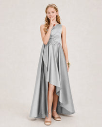 Silver Junior Bridesmaid Dress One-Shoulder Embellished Satin Asymmetrical Gown Front View