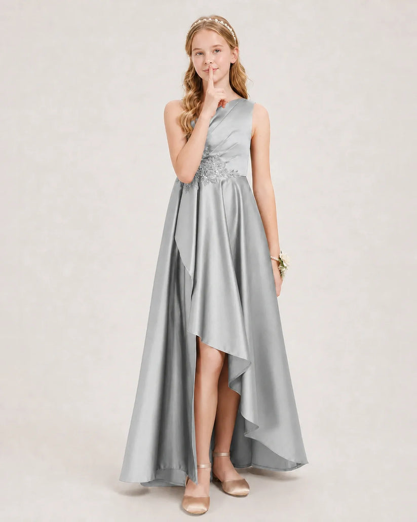 Silver Satin A-line Junior Bridesmaid Dress Front View