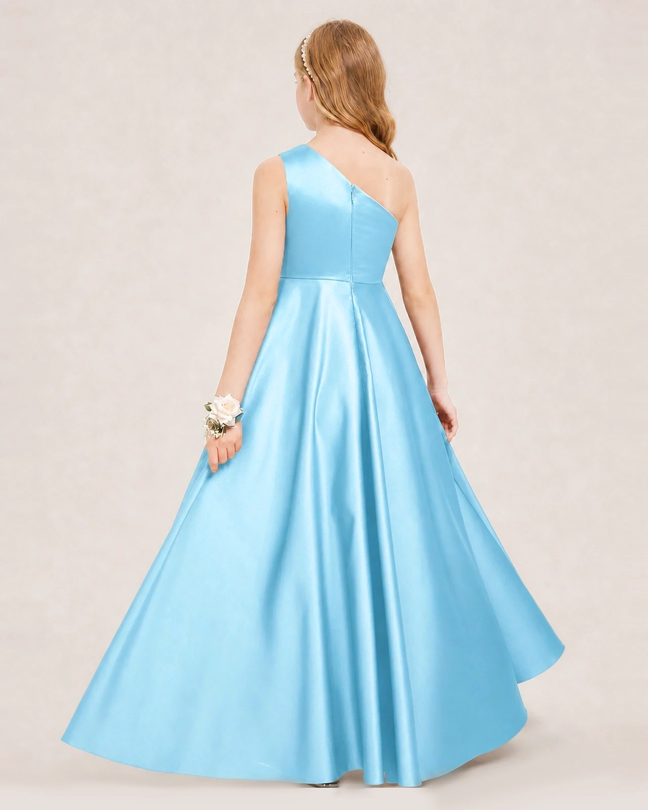 Sky Blue Junior Bridesmaid Dress One-Shoulder Embellished Satin Asymmetrical Gown Back View