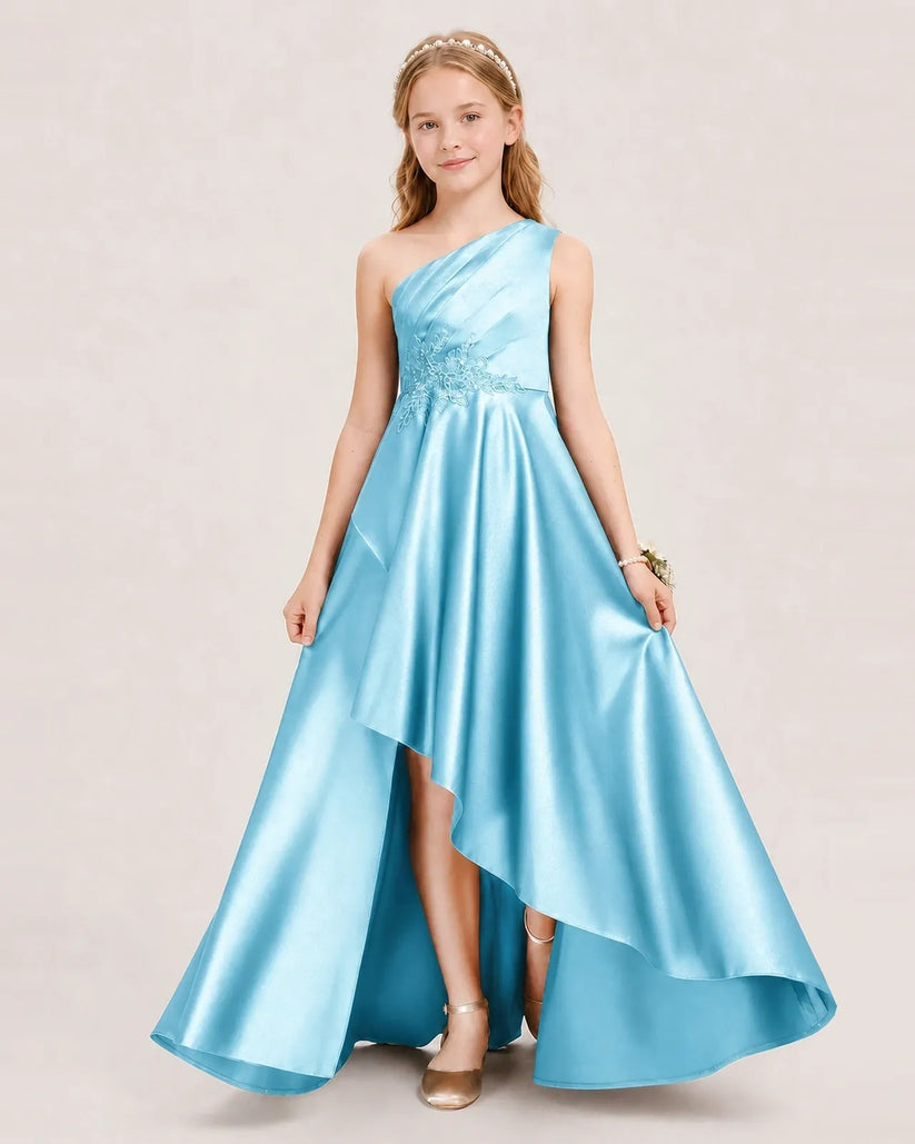 Sky Blue Satin A-line Junior Bridesmaid Dress Front View