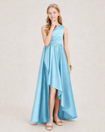 Sky Blue Junior Bridesmaid Dress One-Shoulder Embellished Satin Asymmetrical Gown Front View