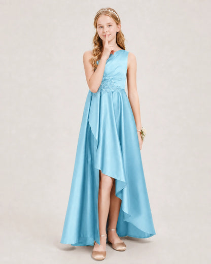 Sky Blue Junior Bridesmaid Dress One-Shoulder Embellished Satin Asymmetrical Gown Front View