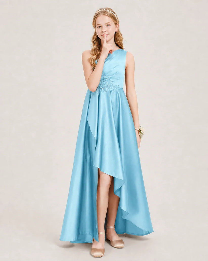 Sky Blue Satin A-line Junior Bridesmaid Dress Front View