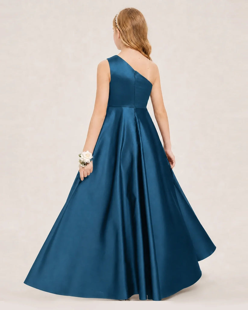 Teal Satin A-line Junior Bridesmaid Dress Back View