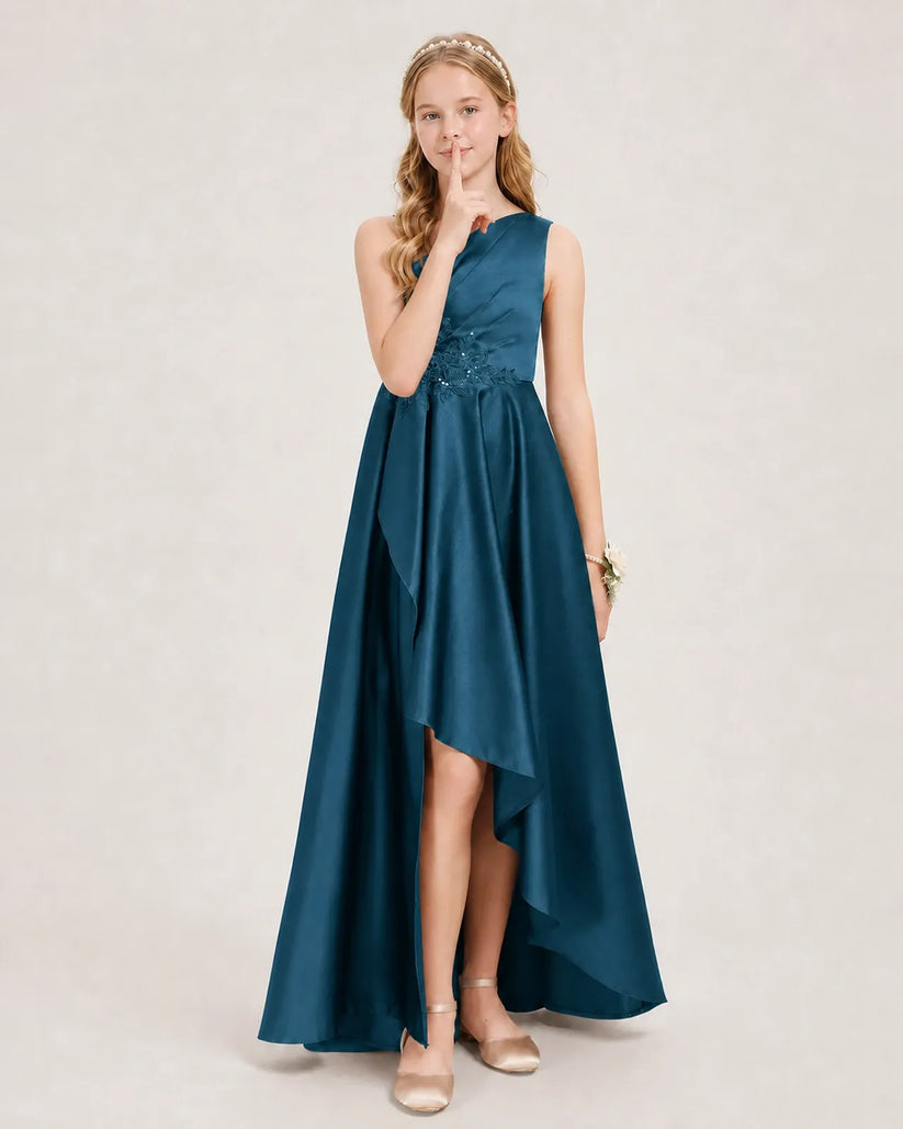 Teal Satin A-line Junior Bridesmaid Dress Front View