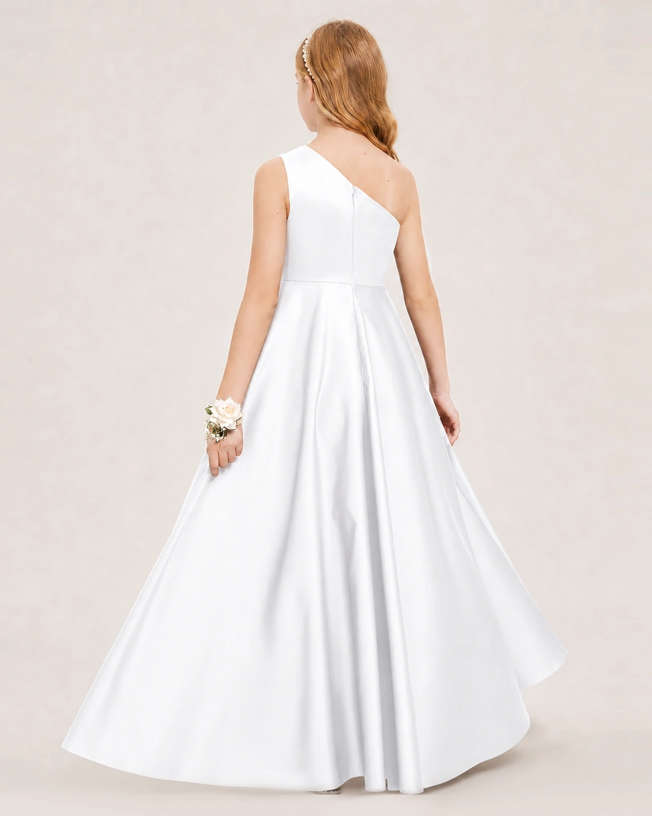 White Junior Bridesmaid Dress One-Shoulder Embellished Satin Asymmetrical Gown Back View
