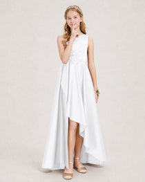 White Junior Bridesmaid Dress One-Shoulder Embellished Satin Asymmetrical Gown Front View
