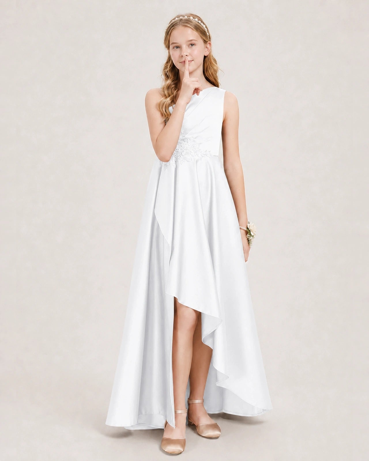 White Junior Bridesmaid Dress One-Shoulder Embellished Satin Asymmetrical Gown Front View