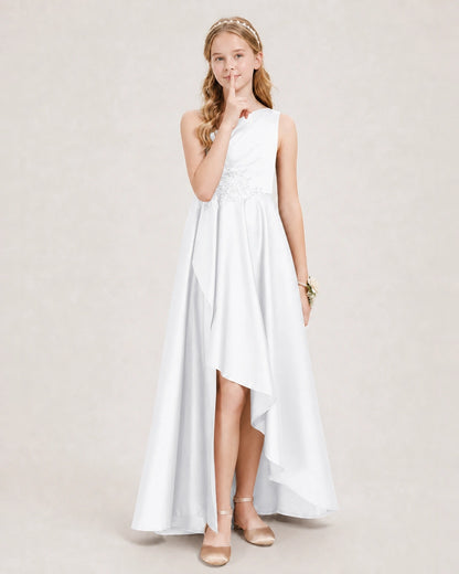 White Junior Bridesmaid Dress One-Shoulder Embellished Satin Asymmetrical Gown Front View