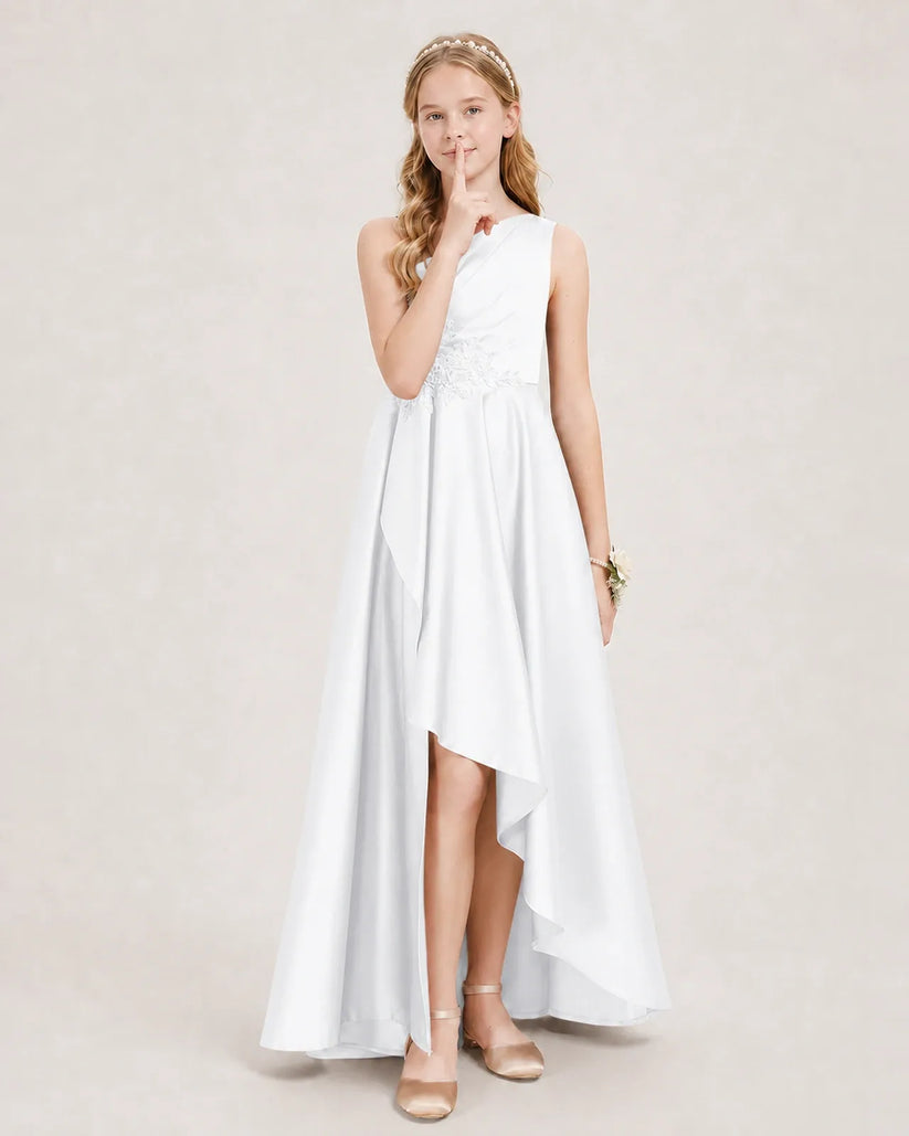 White Satin A-line Junior Bridesmaid Dress Front View