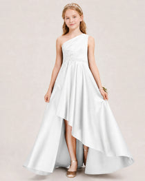 White Junior Bridesmaid Dress One-Shoulder Embellished Satin Asymmetrical Gown Front View