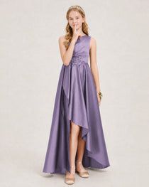 Wisteria Junior Bridesmaid Dress One-Shoulder Embellished Satin Asymmetrical Gown Front View
