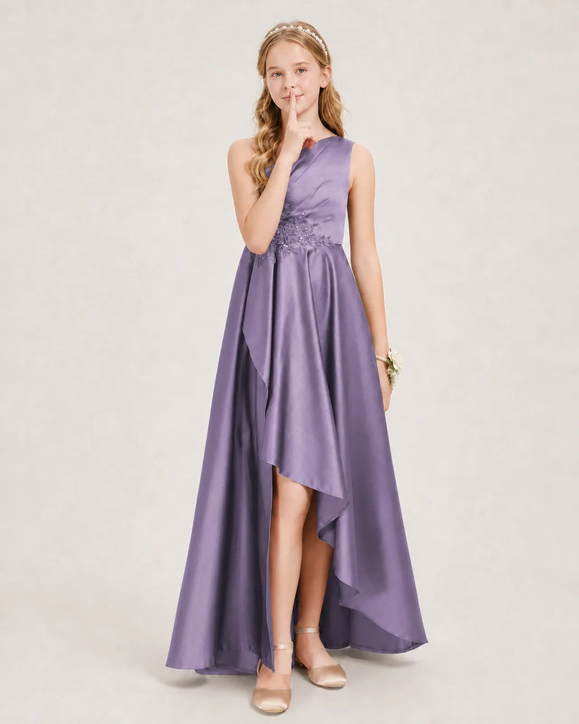 Wisteria Satin A-line Junior Bridesmaid Dress Front View