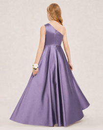 Wisteria Junior Bridesmaid Dress One-Shoulder Embellished Satin Asymmetrical Gown Back View