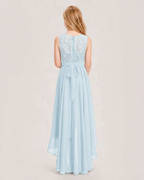 Baby Blue Junior Bridesmaid Dress Lace Bodice Asymmetrical Chiffon Floor-Length Gown Back View