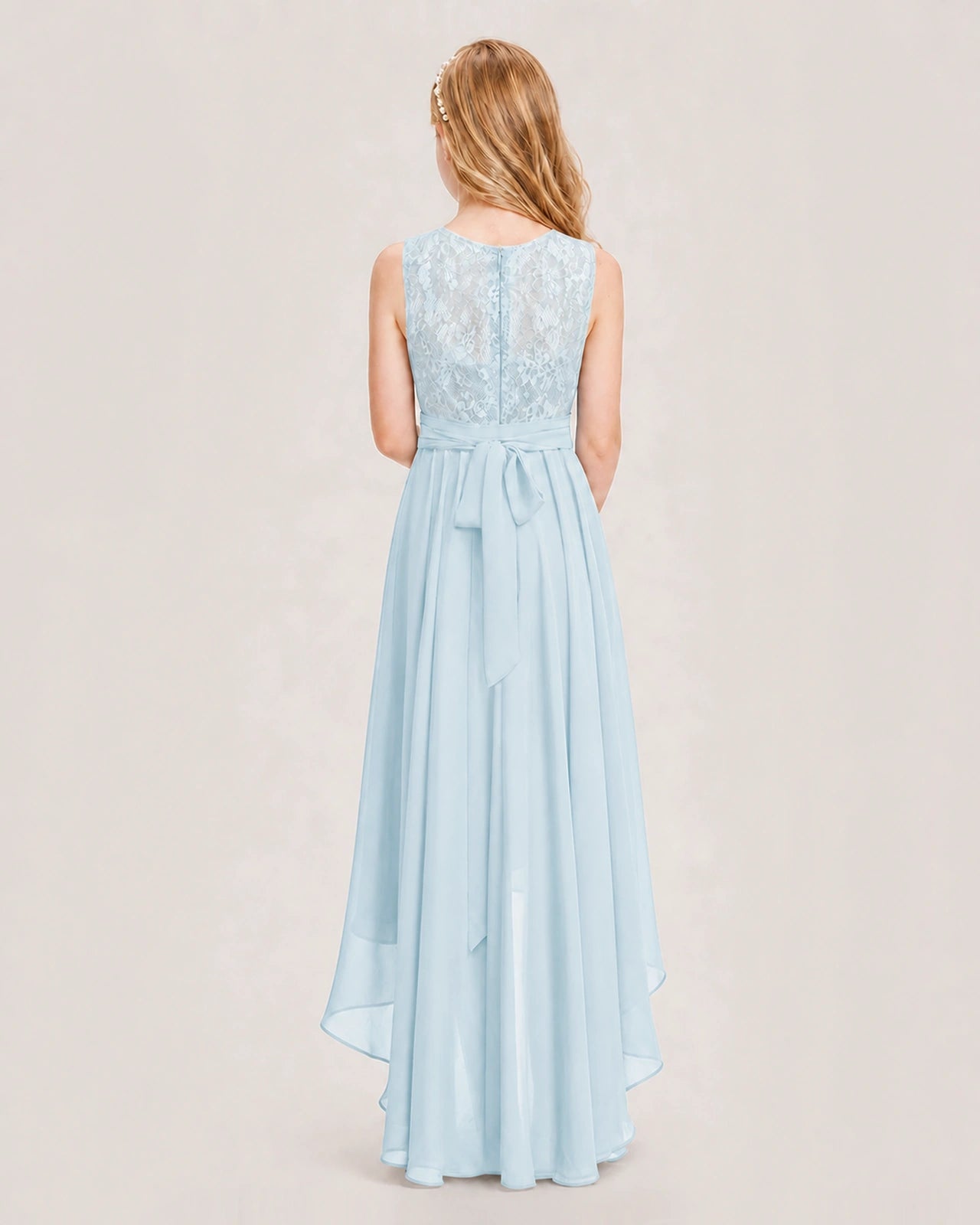 Baby Blue Junior Bridesmaid Dress Lace Bodice Asymmetrical Chiffon Floor-Length Gown Back View