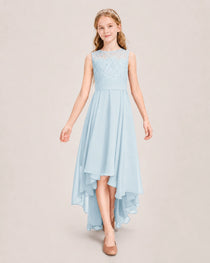Baby Blue Junior Bridesmaid Dress Lace Bodice Asymmetrical Chiffon Floor-Length Gown Front View