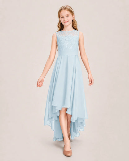 Baby Blue Junior Bridesmaid Dress Lace Bodice Asymmetrical Chiffon Floor-Length Gown Front View