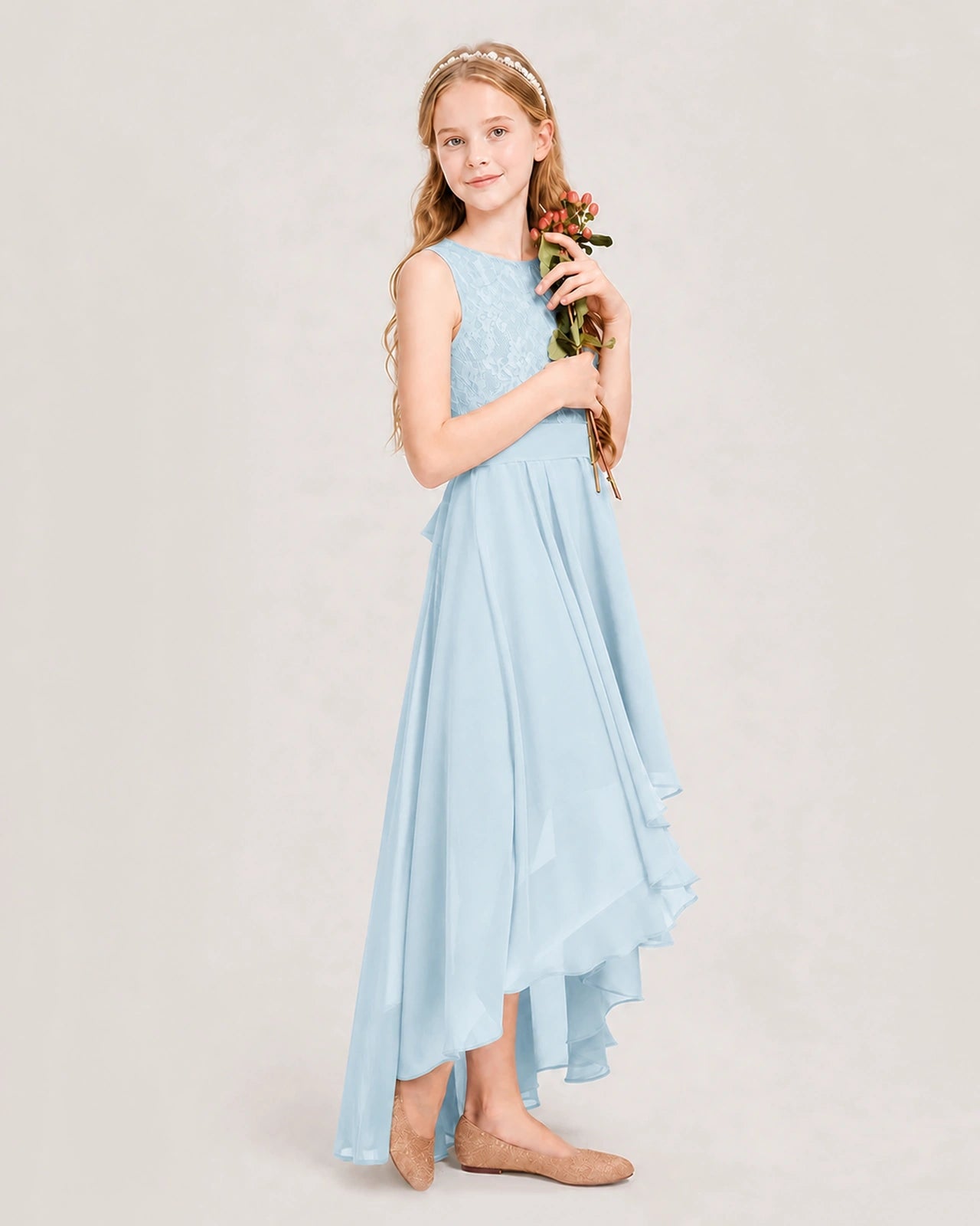Baby Blue Junior Bridesmaid Dress Lace Bodice Asymmetrical Chiffon Floor-Length Gown Side View