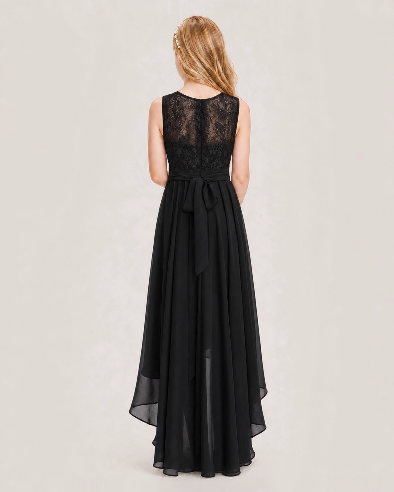 Black Junior Bridesmaid Dress Lace Bodice Asymmetrical Chiffon Floor-Length Gown Back View