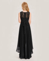 Black Junior Bridesmaid Dress Lace Bodice Asymmetrical Chiffon Floor-Length Gown Back View