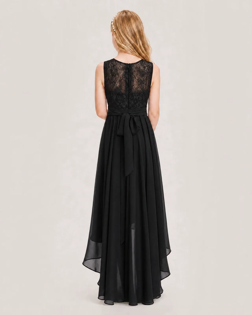 Black Junior Bridesmaid Dress Lace Bodice Asymmetrical Chiffon Floor-Length Gown Back View